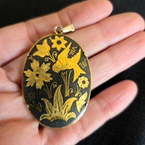 Spanish Damascene Damascus Toledo jewelry floral pendant with bird.